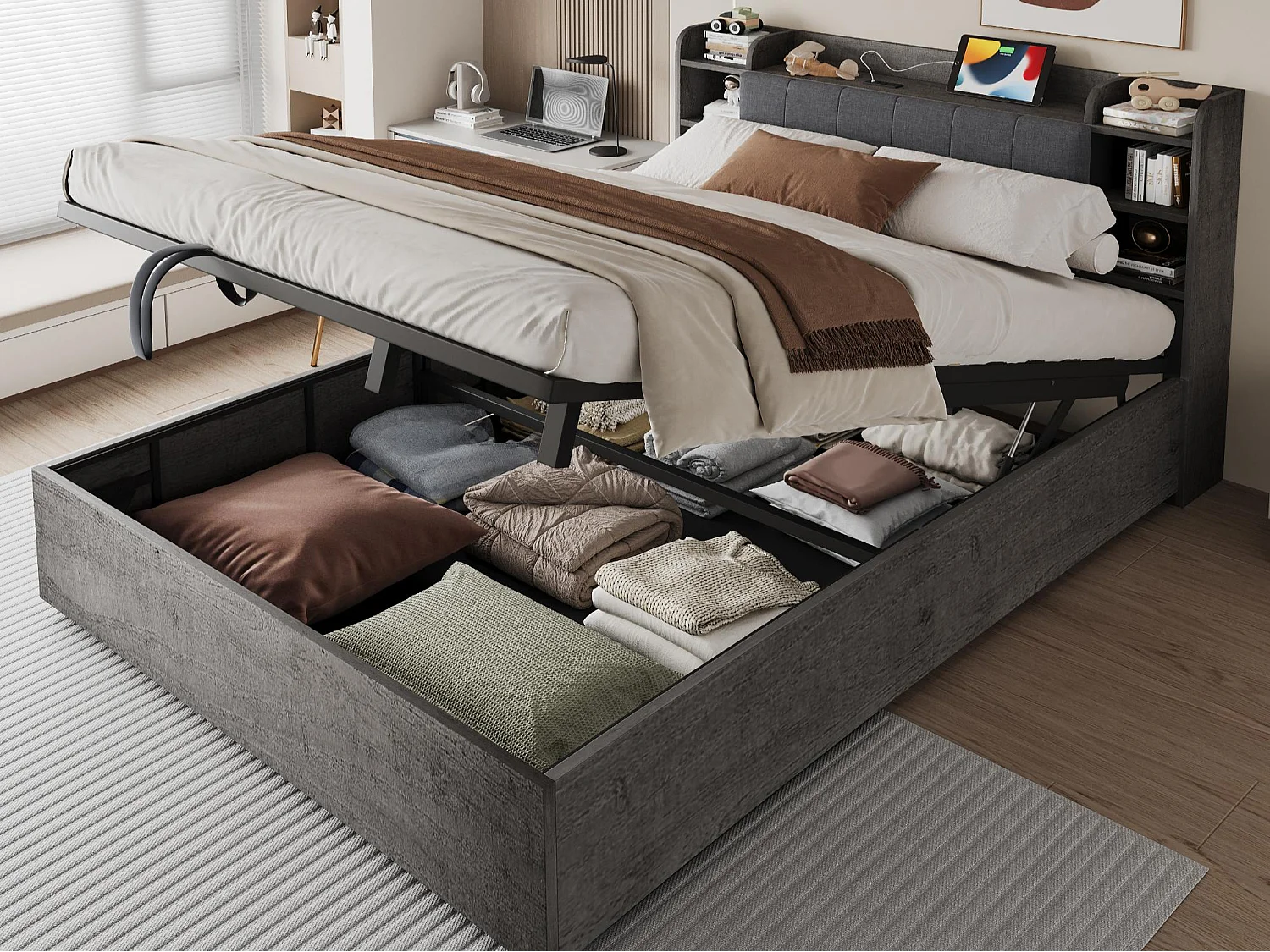 Holzbett mit Stauraum 180 x 200 cm - Kopfteil mit Stauraum - USB-Anschluss + Type-C-Anschluss - grau​ (ohne Matratze)