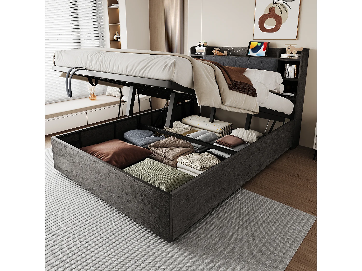 Holzbett mit Stauraum 180 x 200 cm - Kopfteil mit Stauraum - USB-Anschluss + Type-C-Anschluss - grau​ (ohne Matratze)