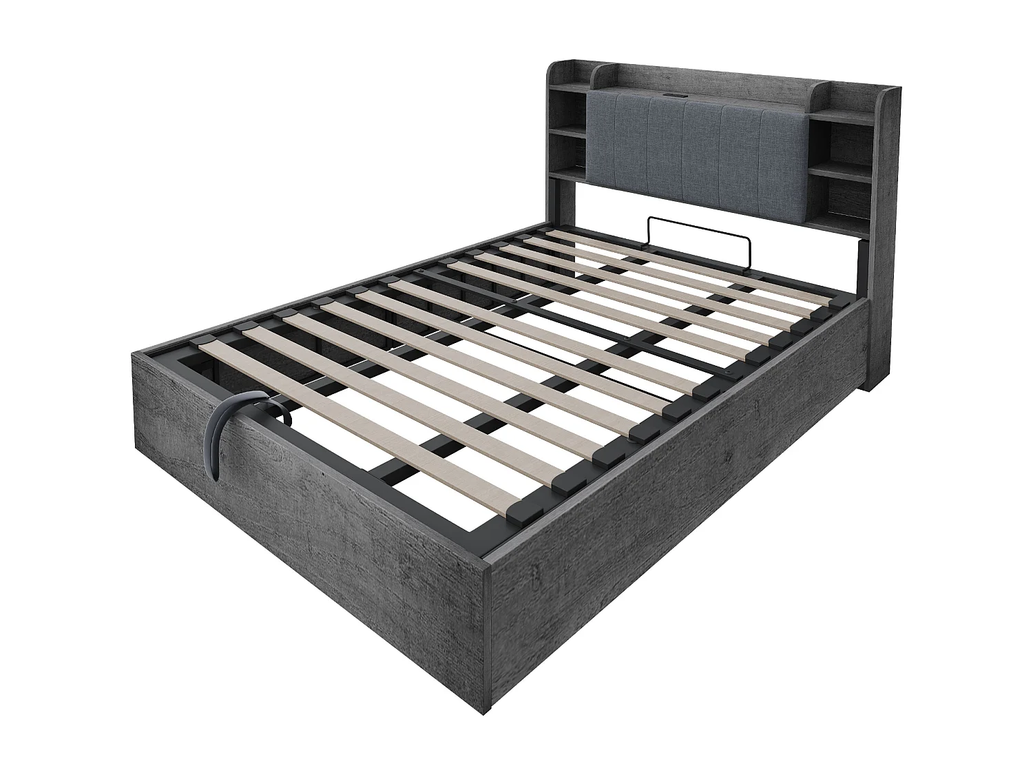 Holzbett mit Stauraum 180 x 200 cm - Kopfteil mit Stauraum - USB-Anschluss + Type-C-Anschluss - grau​ (ohne Matratze)