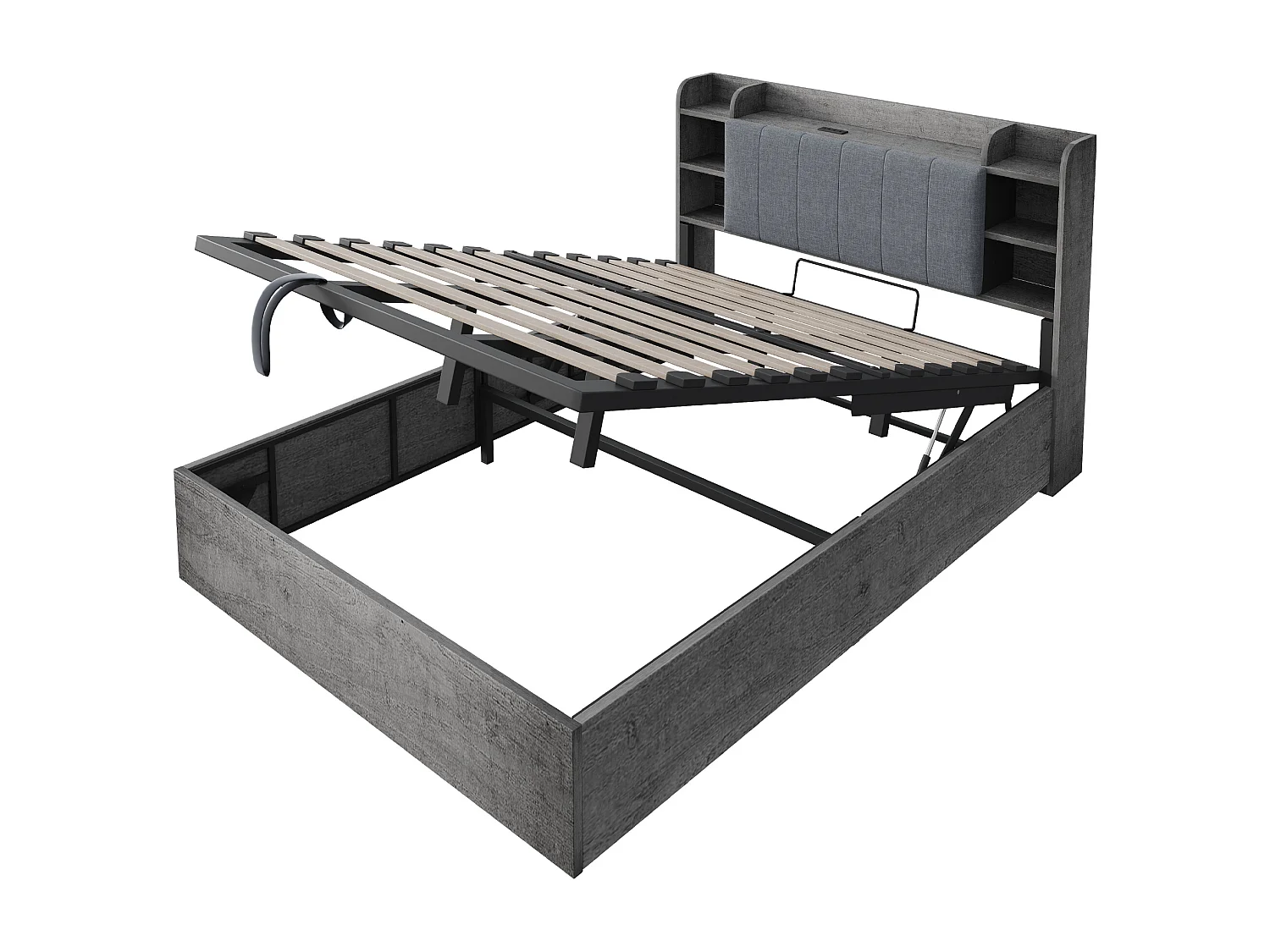 Holzbett mit Stauraum 180 x 200 cm - Kopfteil mit Stauraum - USB-Anschluss + Type-C-Anschluss - grau​ (ohne Matratze)