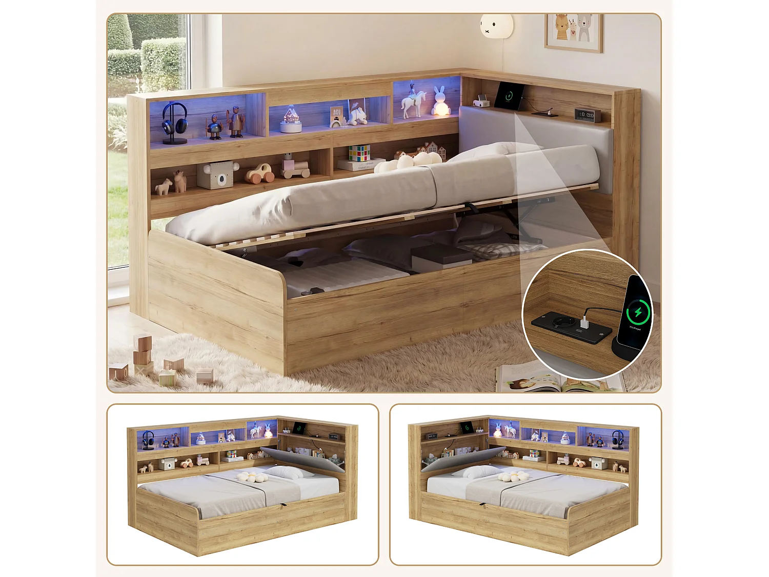 Hydraulisches Kinderbett mit Stauraum – 90 x 200 cm – mit USB-Anschluss, LEDs, Ablagefach und Kopfteil – MDF – natur