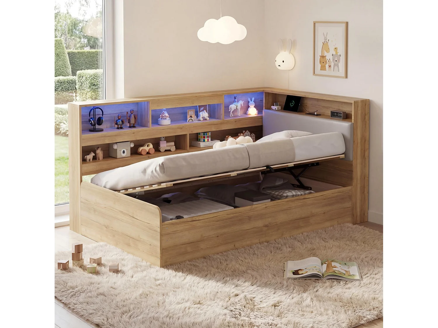 Hydraulisches Kinderbett mit Stauraum – 90 x 200 cm – mit USB-Anschluss, LEDs, Ablagefach und Kopfteil – MDF – natur