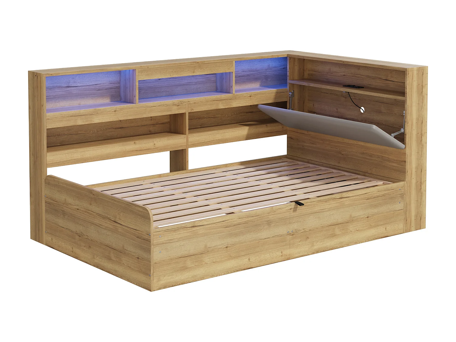 Hydraulisches Kinderbett mit Stauraum – 90 x 200 cm – mit USB-Anschluss, LEDs, Ablagefach und Kopfteil – MDF – natur