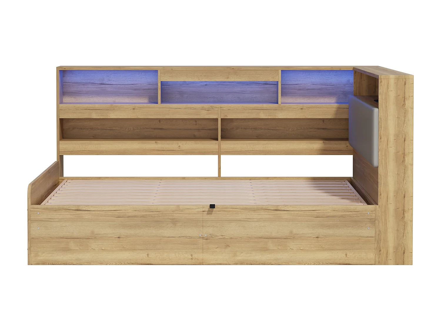 Hydraulisches Kinderbett mit Stauraum – 90 x 200 cm – mit USB-Anschluss, LEDs, Ablagefach und Kopfteil – MDF – natur