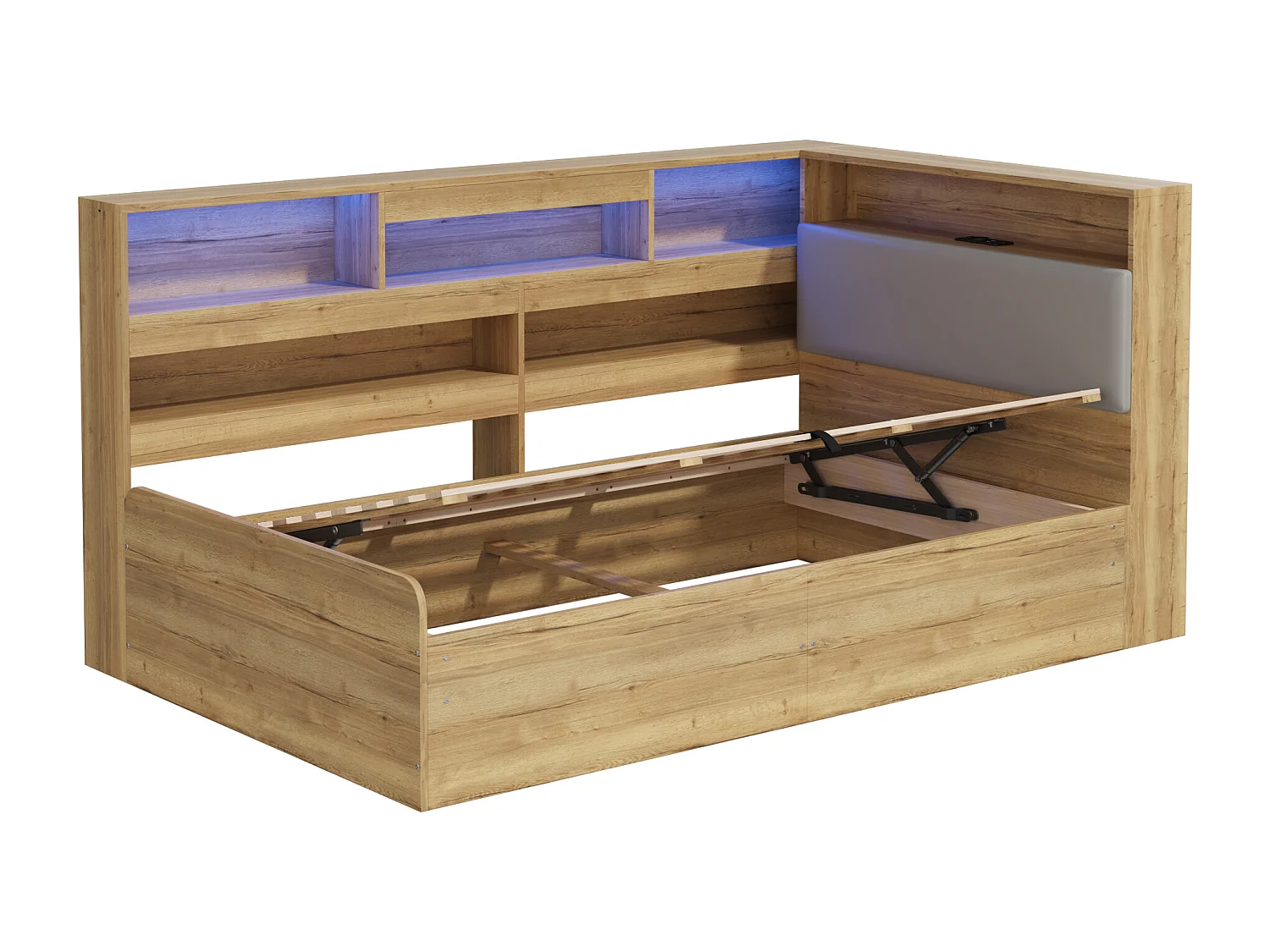 Hydraulisches Kinderbett mit Stauraum – 90 x 200 cm – mit USB-Anschluss, LEDs, Ablagefach und Kopfteil – MDF – natur