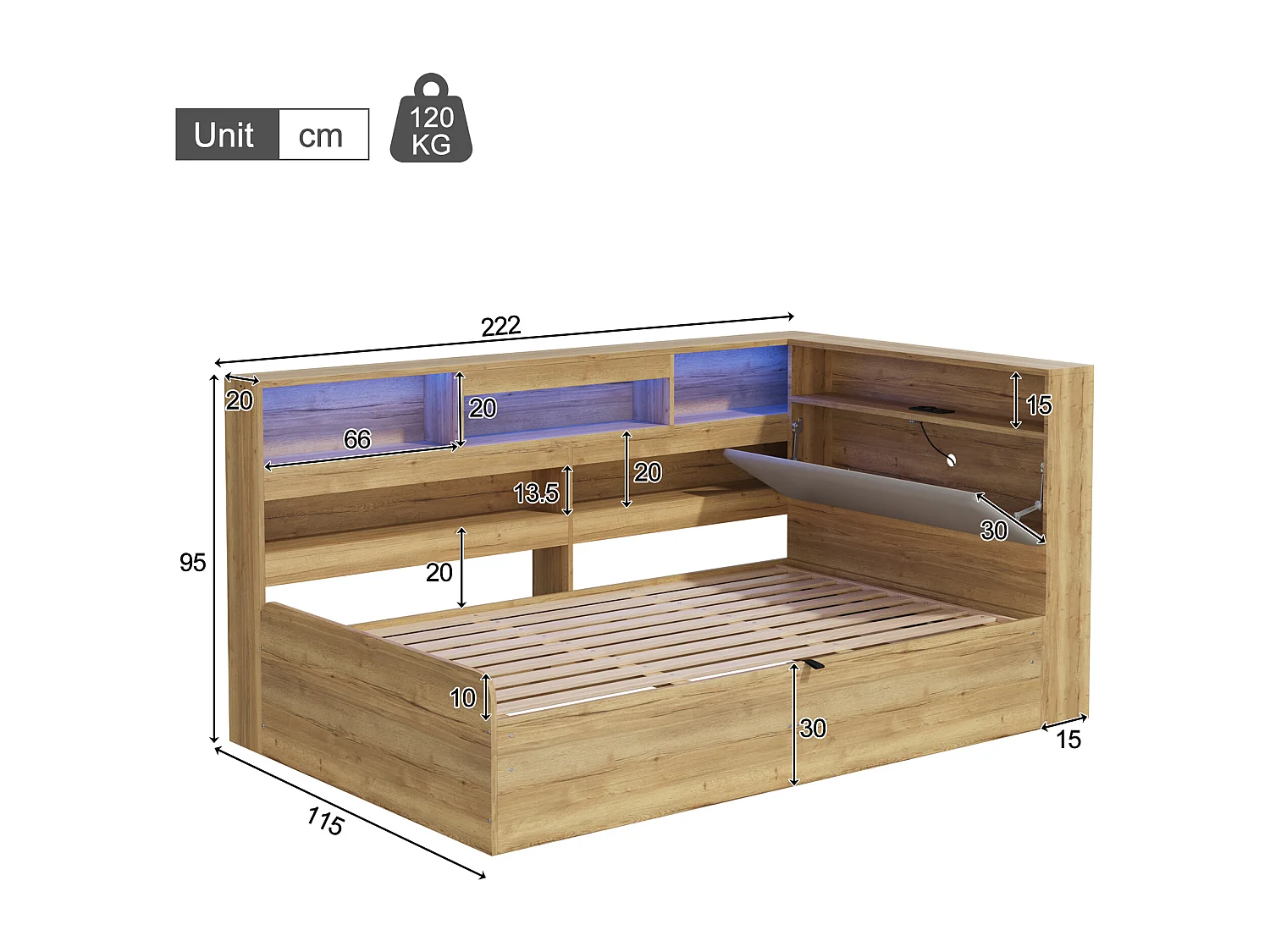 Hydraulisches Kinderbett mit Stauraum – 90 x 200 cm – mit USB-Anschluss, LEDs, Ablagefach und Kopfteil – MDF – natur