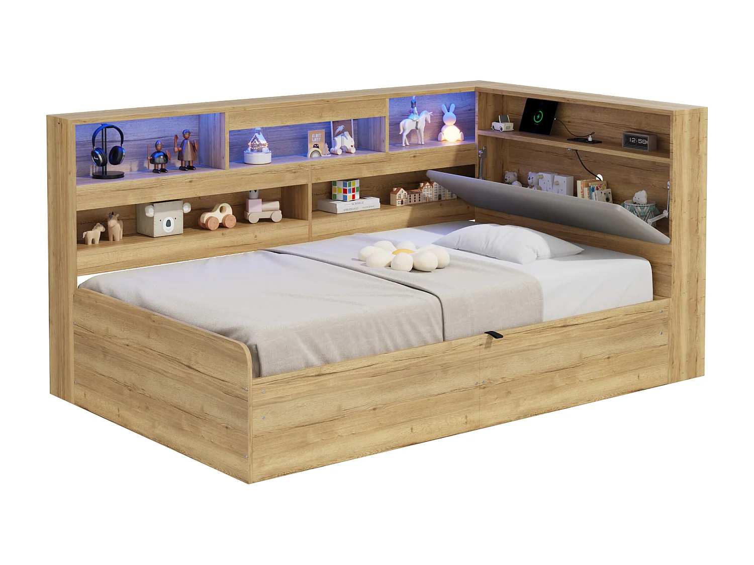 Hydraulisches Kinderbett mit Stauraum – 90 x 200 cm – mit USB-Anschluss, LEDs, Ablagefach und Kopfteil – MDF – natur