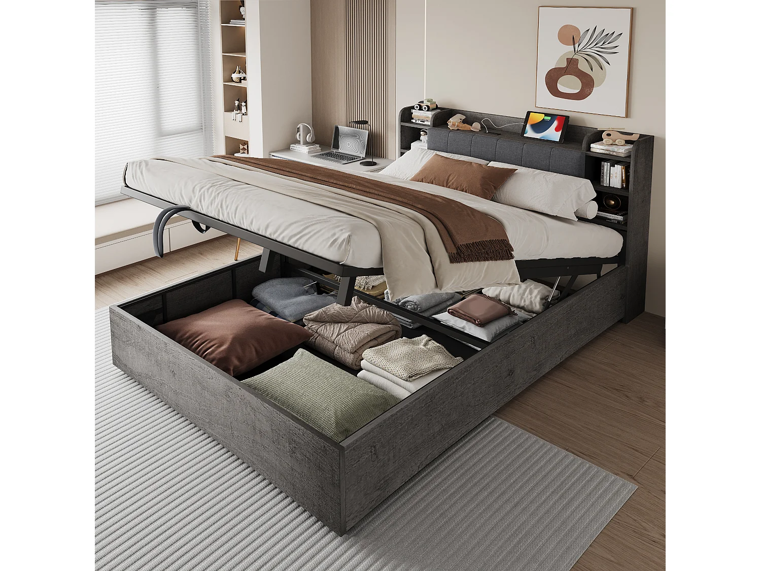 Lit coffre double - 180 x 200 cm - avec rangement hydraulique + tête de lit + USB - MDF - gris