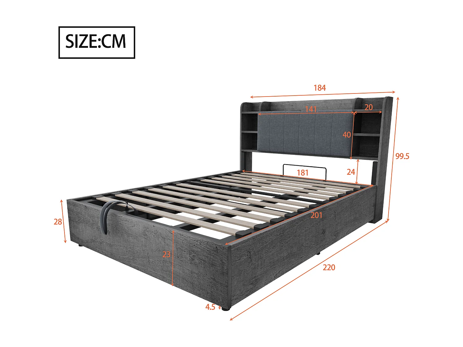 Lit coffre double - 180 x 200 cm - avec rangement hydraulique + tête de lit + USB - MDF - gris