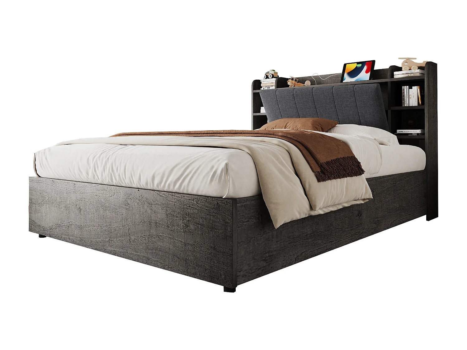 Lit coffre double - 180 x 200 cm - avec rangement hydraulique + tête de lit + USB - MDF - gris