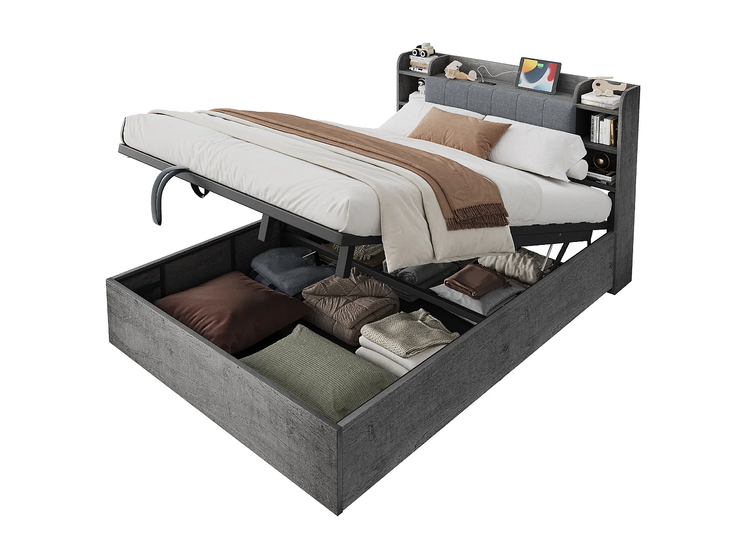 Lit coffre double - 180 x 200 cm - avec rangement hydraulique + tête de lit + USB - MDF - gris