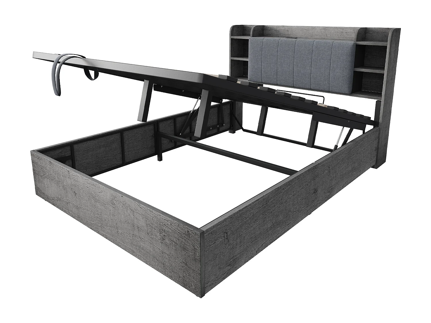 Lit coffre double - 180 x 200 cm - avec rangement hydraulique + tête de lit + USB - MDF - gris