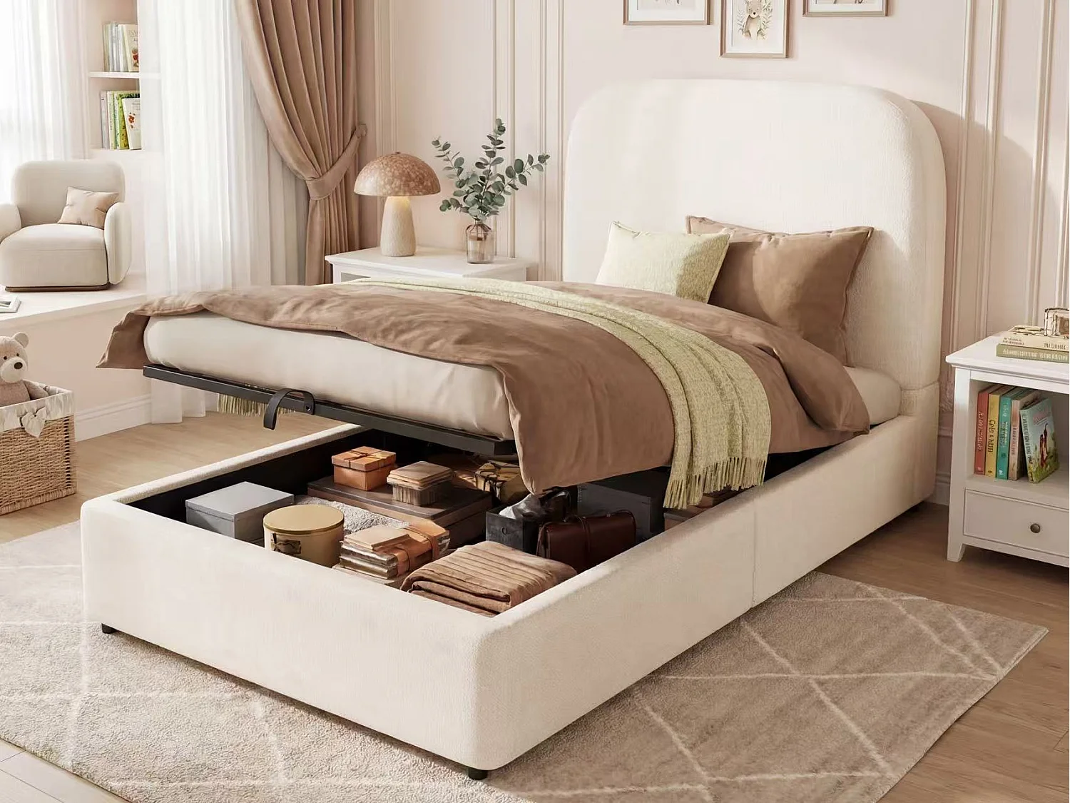 Łóżko dziecięce z pojemnikiem 90x200cm - Z pikowanym wezgłowiem - Z miejscem do przechowywania - Tkanina bouclé - Beżowy​ (bez materaca)