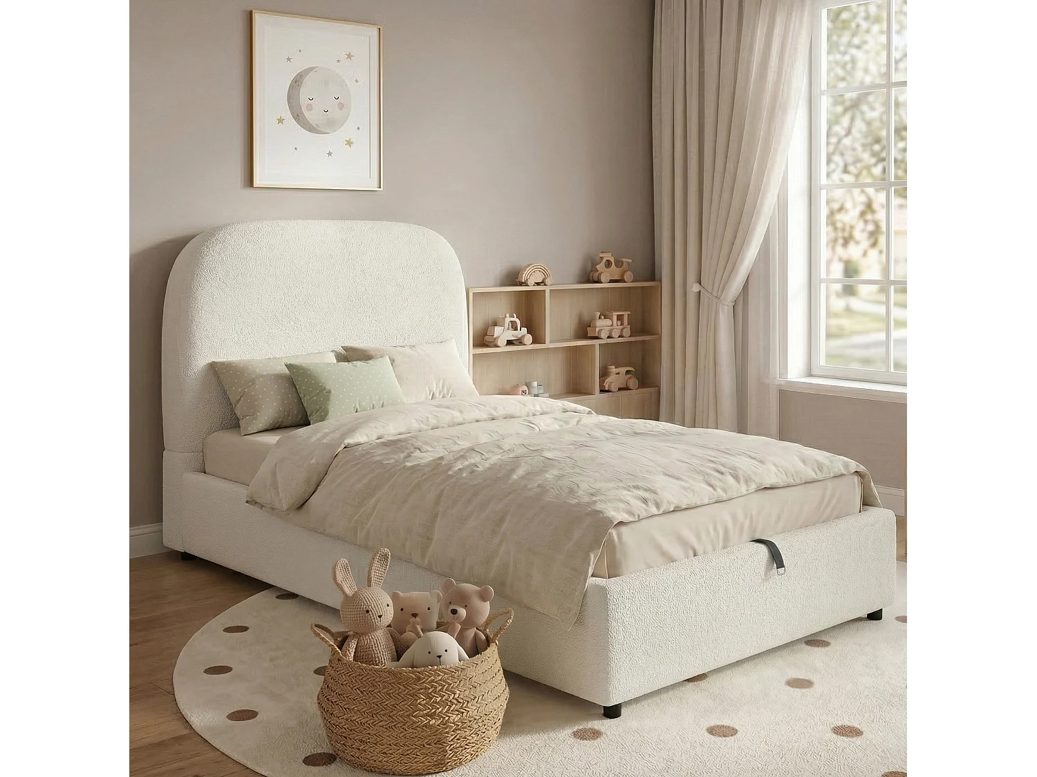 Łóżko dziecięce z pojemnikiem 90x200cm - Z pikowanym wezgłowiem - Z miejscem do przechowywania - Tkanina bouclé - Beżowy​ (bez materaca)
