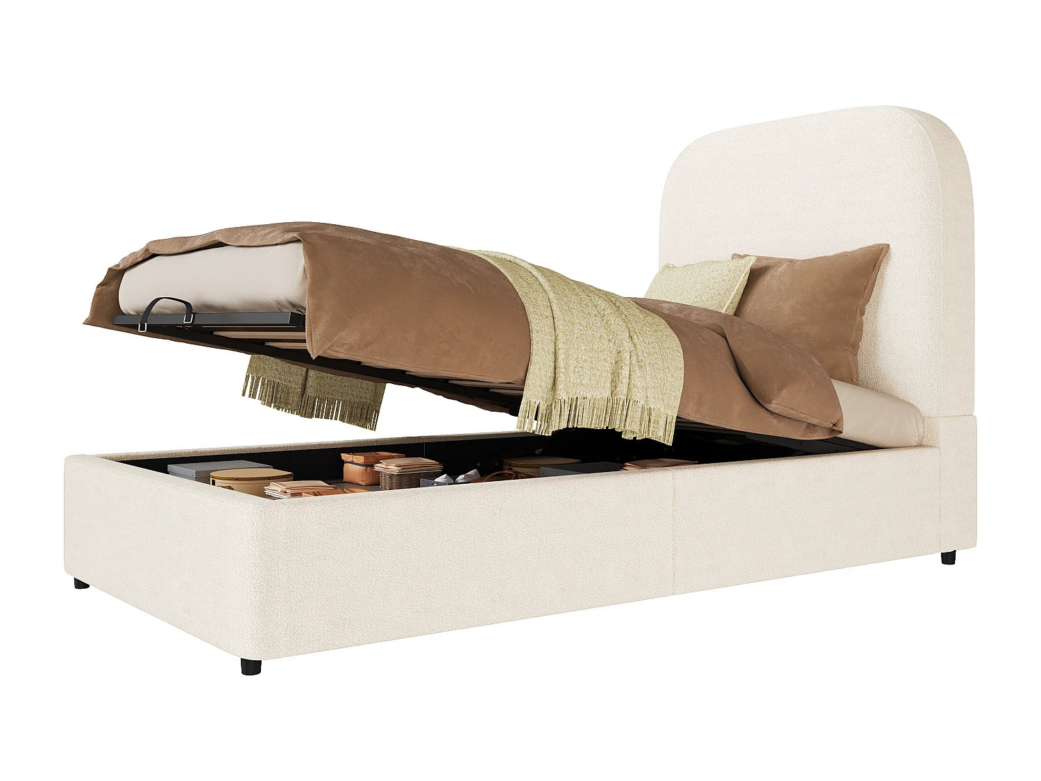 Łóżko dziecięce z pojemnikiem 90x200cm - Z pikowanym wezgłowiem - Z miejscem do przechowywania - Tkanina bouclé - Beżowy​ (bez materaca)