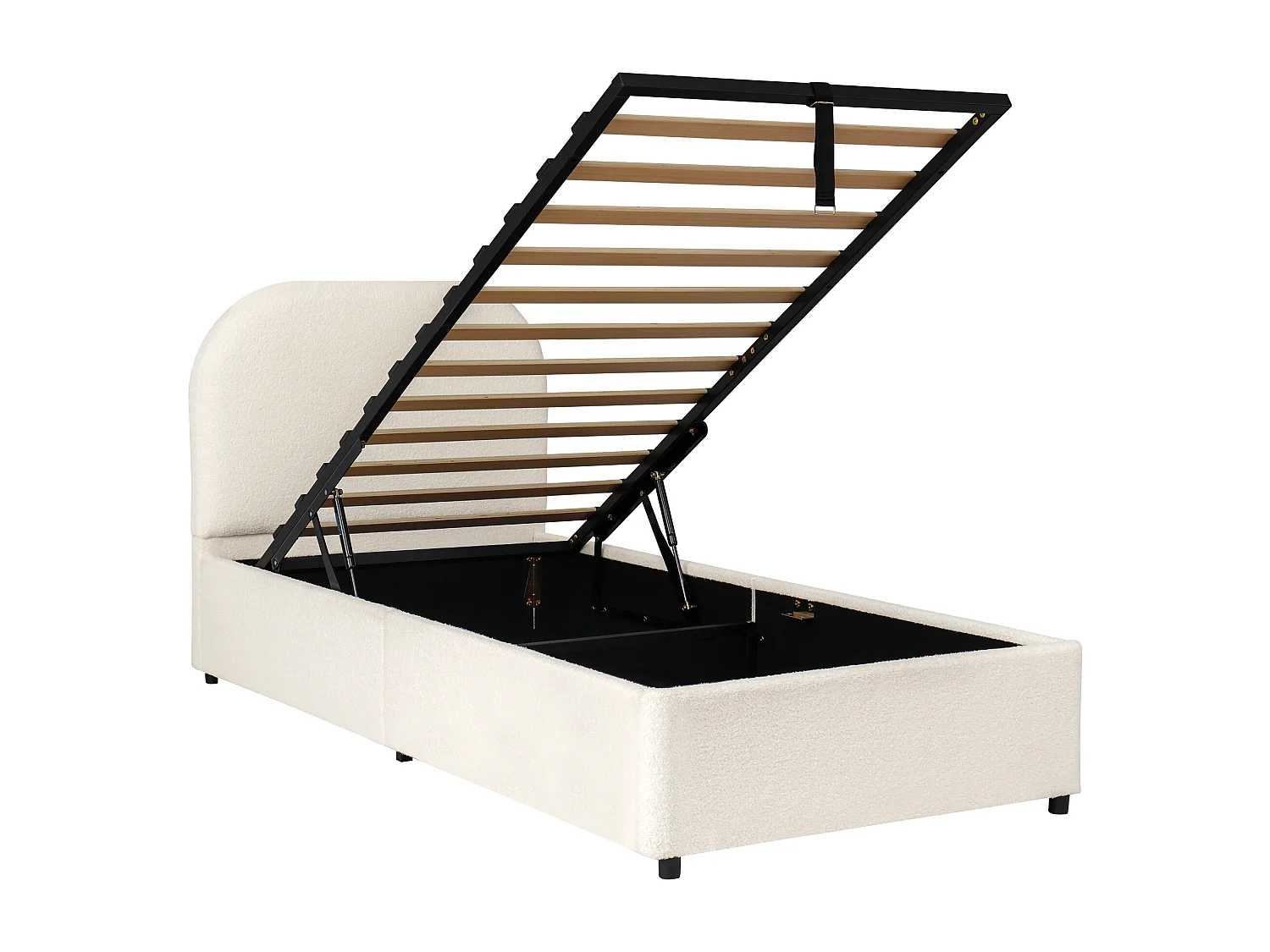 Łóżko dziecięce z pojemnikiem 90x200cm - Z pikowanym wezgłowiem - Z miejscem do przechowywania - Tkanina bouclé - Beżowy​ (bez materaca)