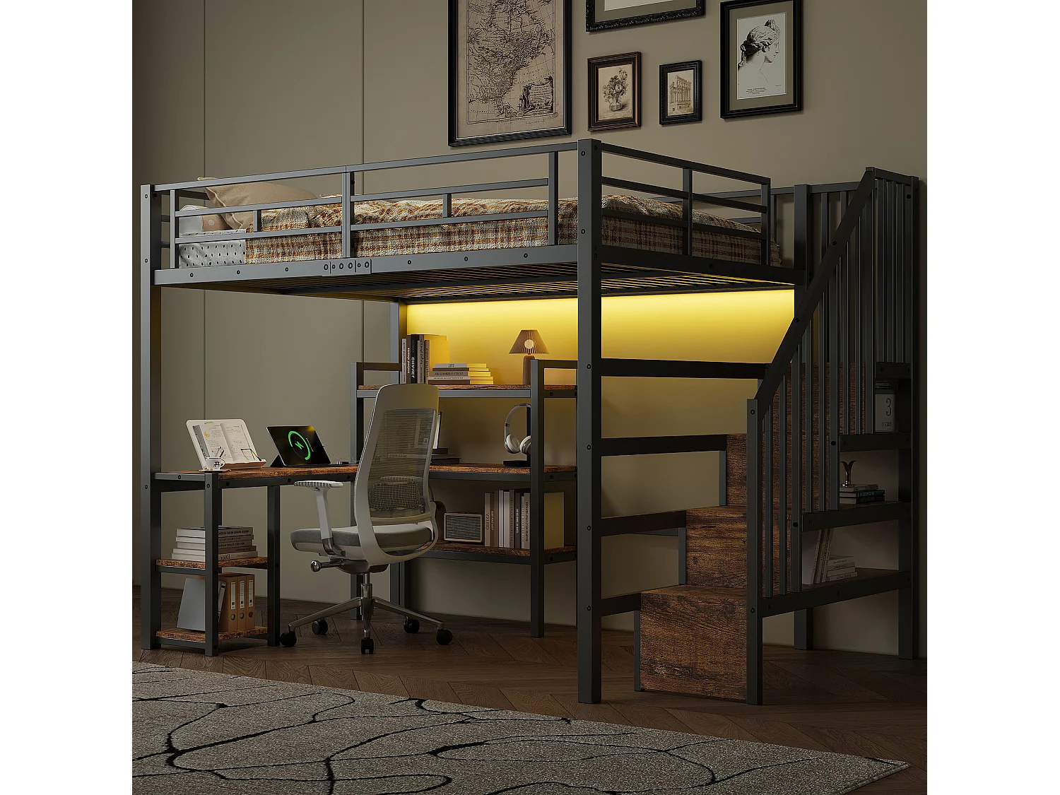 Lit mezzanine en métal - 140 x 200 - avec escalier de rangement + bureau + USB + Leds - noir