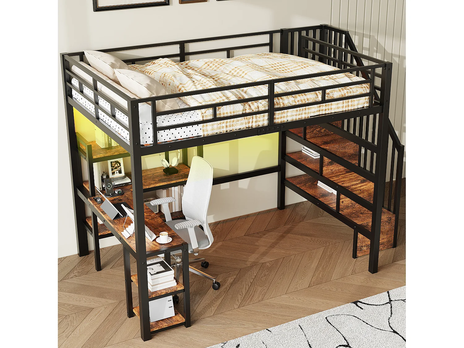 Lit mezzanine en métal - 140 x 200 - avec escalier de rangement + bureau + USB + Leds - noir