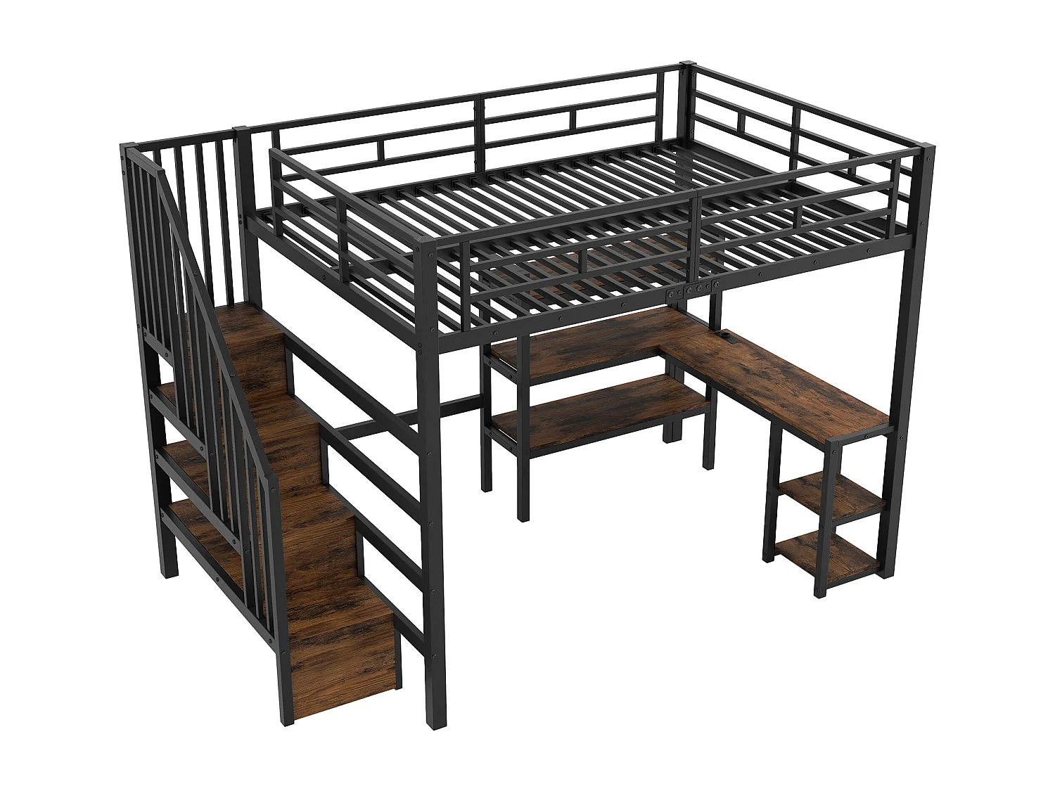 Lit mezzanine en métal - 140 x 200 - avec escalier de rangement + bureau + USB + Leds - noir