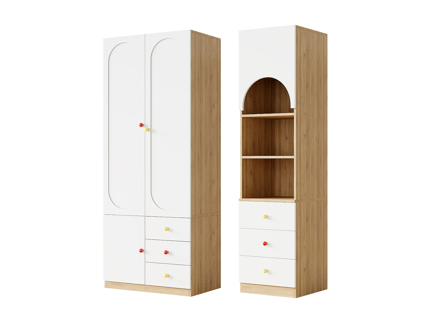 Set Schrank + Regal - Schrank 2 Türen + Regal - großer Stauraum - Keramikgriffe - weiß + natur
