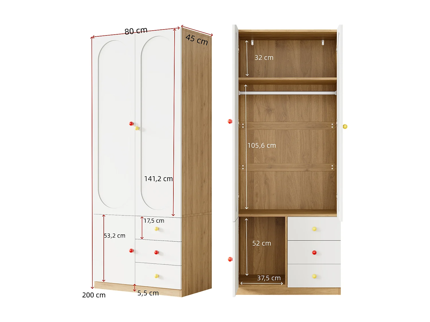 Set Schrank + Regal - Schrank 2 Türen + Regal - großer Stauraum - Keramikgriffe - weiß + natur