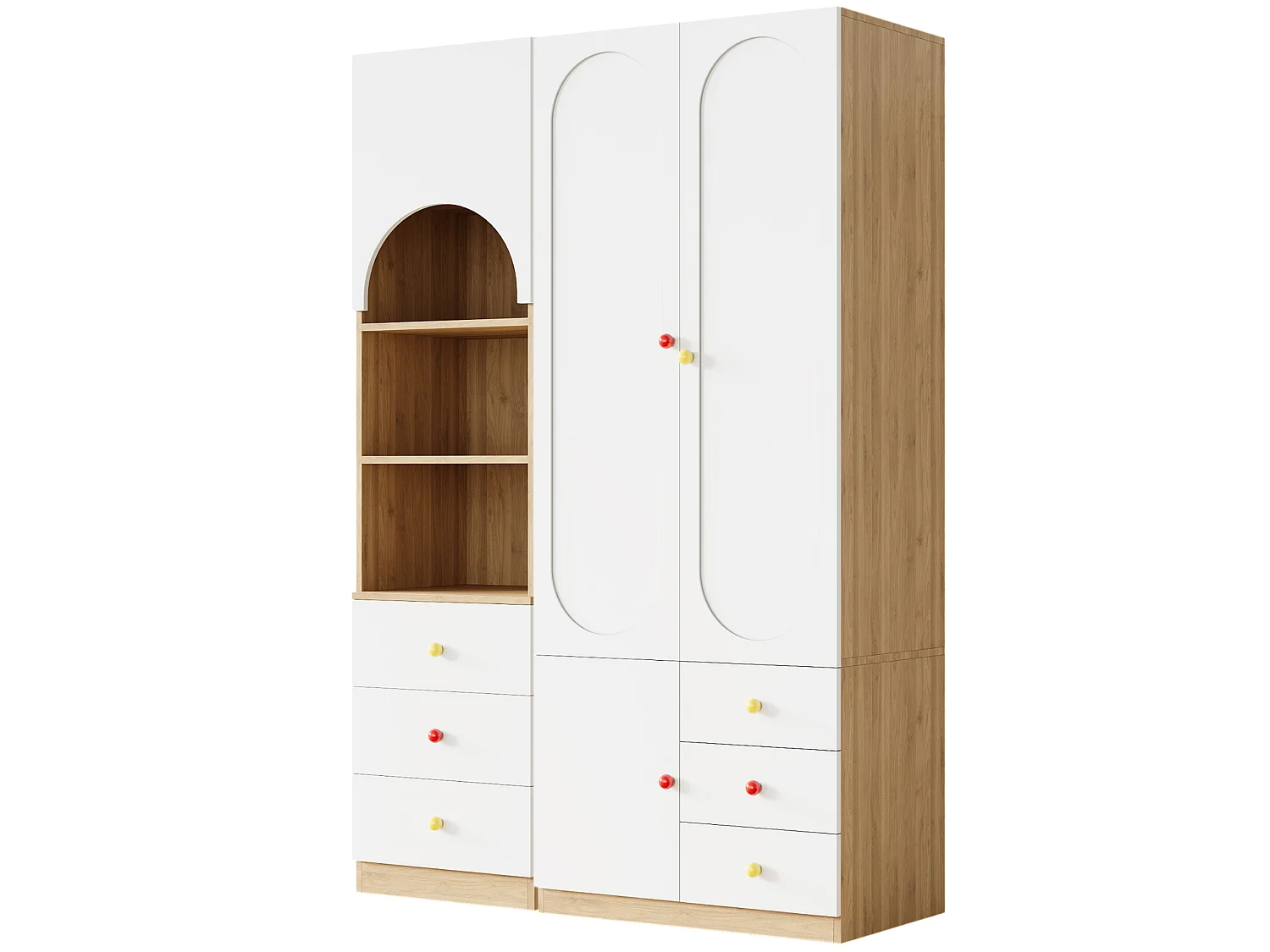 Ensemble armoire + étagère - armoire 2 portes + étagère - grand rangement - poignées céramique - blanc + naturel