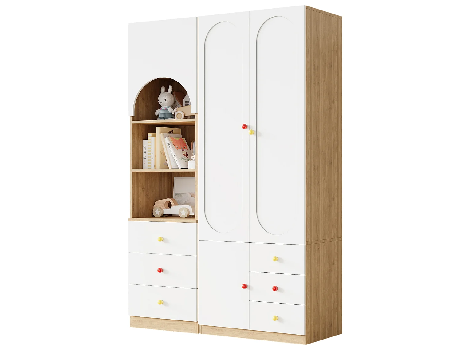Ensemble armoire + étagère - armoire 2 portes + étagère - grand rangement - poignées céramique - blanc + naturel