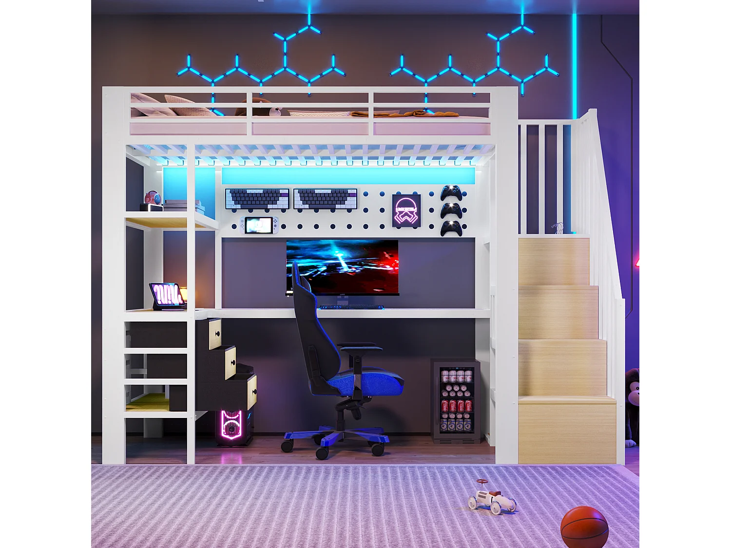 Lit mezzanine en métal pour enfant - 90 x 200 cm - avec étagères + tiroirs + bureau + escalier de rangement + Leds - blanc