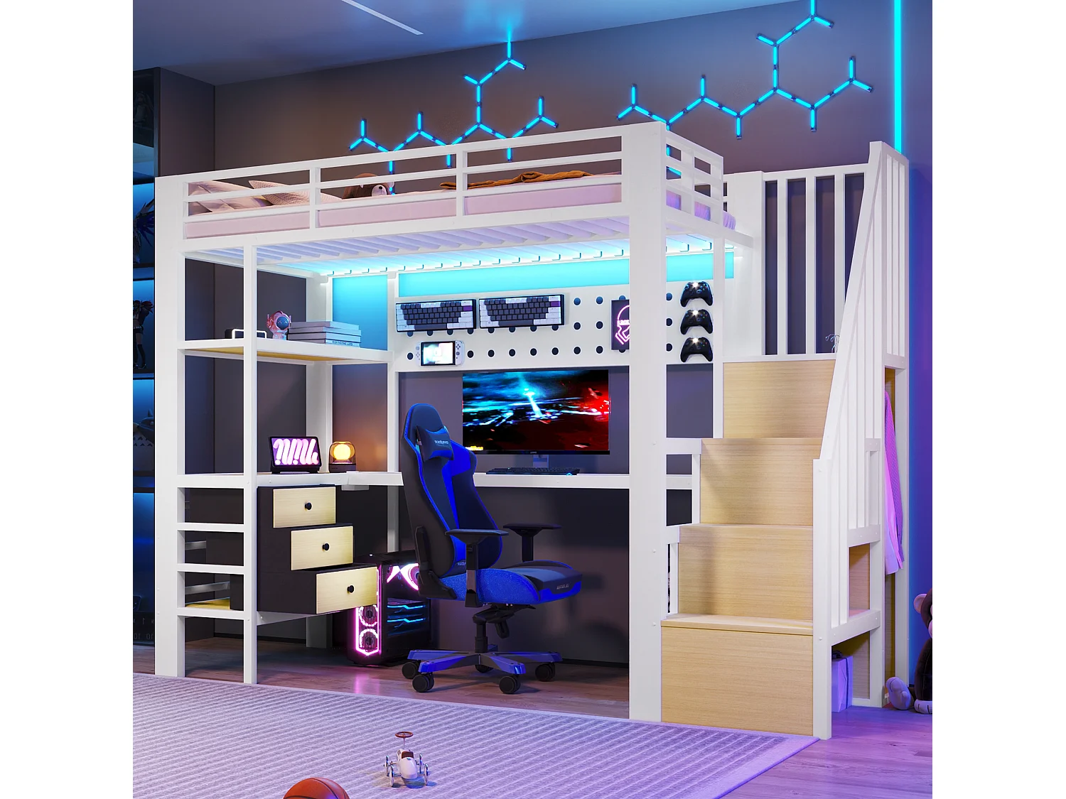 Lit mezzanine en métal pour enfant - 90 x 200 cm - avec étagères + tiroirs + bureau + escalier de rangement + Leds - blanc