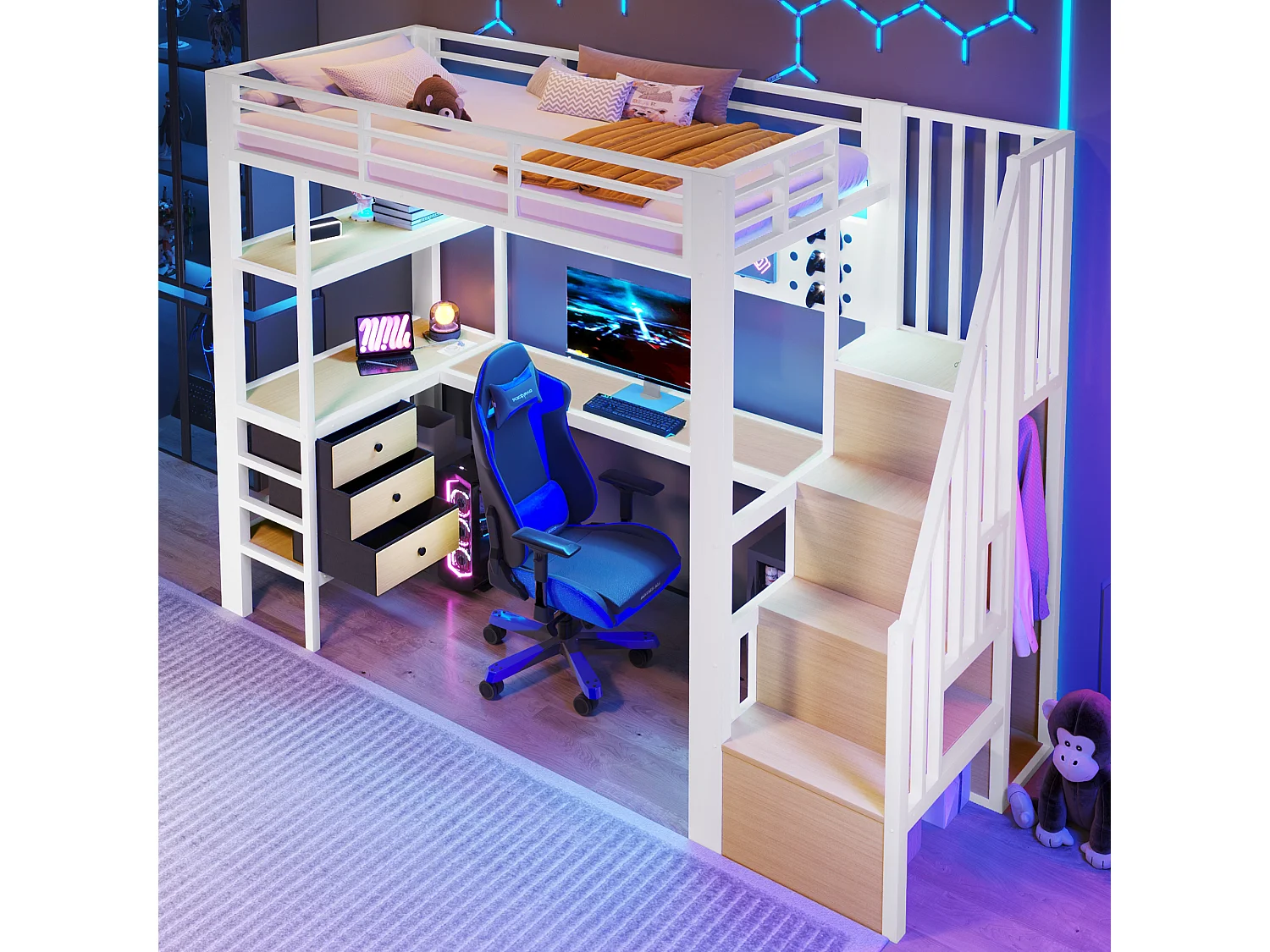 Lit mezzanine en métal pour enfant - 90 x 200 cm - avec étagères + tiroirs + bureau + escalier de rangement + Leds - blanc