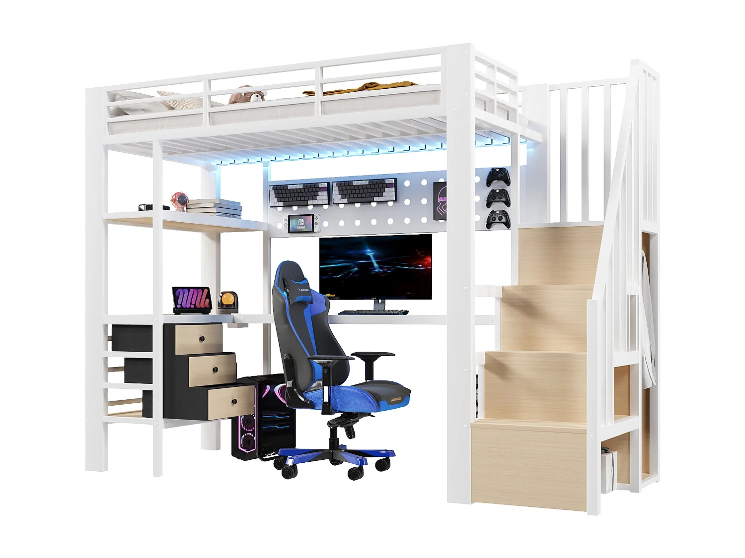 Lit mezzanine en métal pour enfant - 90 x 200 cm - avec étagères + tiroirs + bureau + escalier de rangement + Leds - blanc