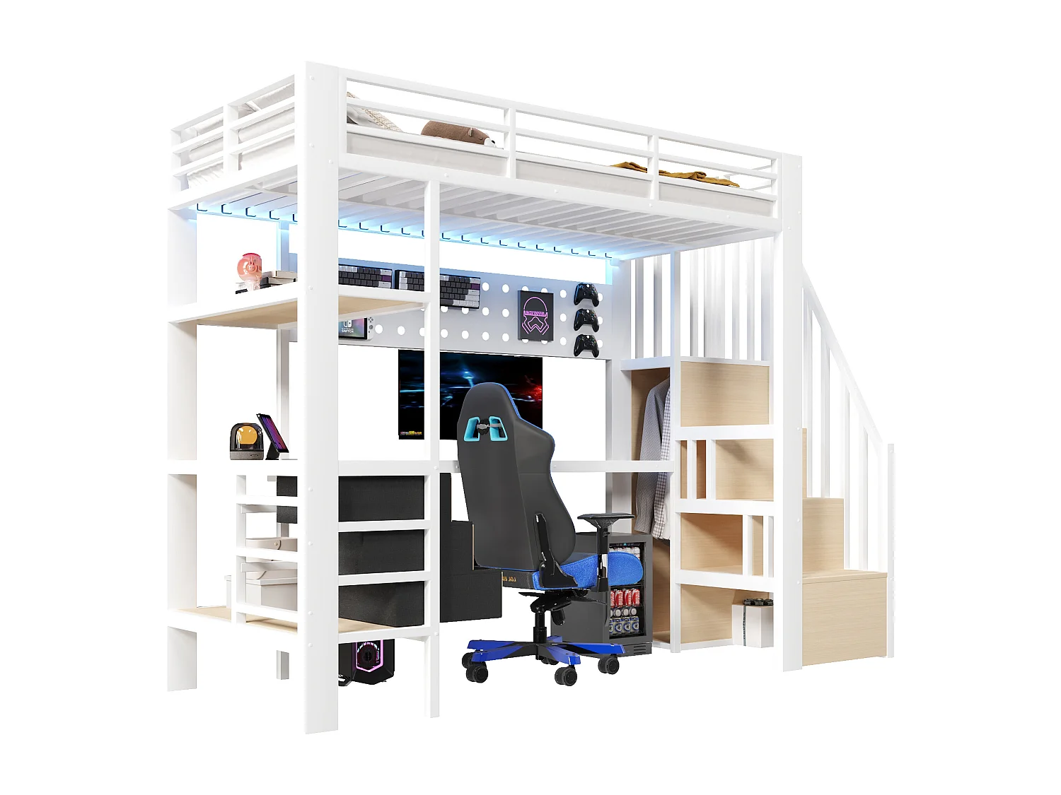 Lit mezzanine en métal pour enfant - 90 x 200 cm - avec étagères + tiroirs + bureau + escalier de rangement + Leds - blanc