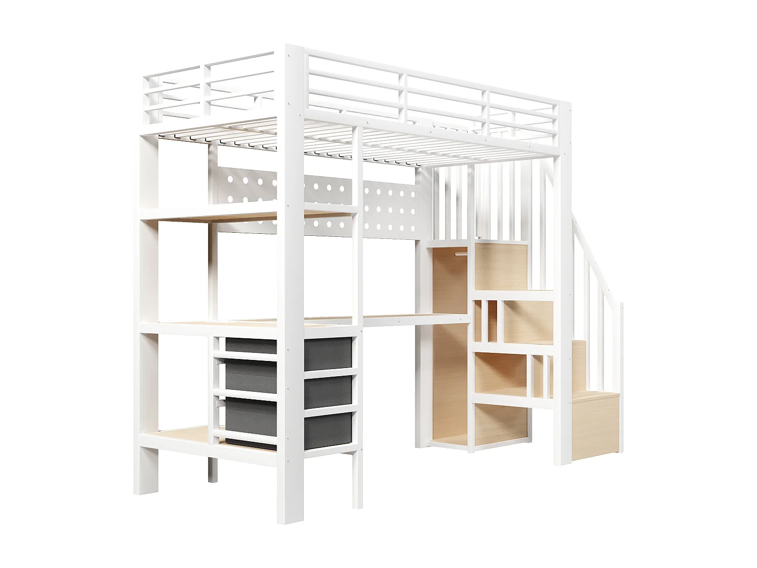 Lit mezzanine en métal pour enfant - 90 x 200 cm - avec étagères + tiroirs + bureau + escalier de rangement + Leds - blanc