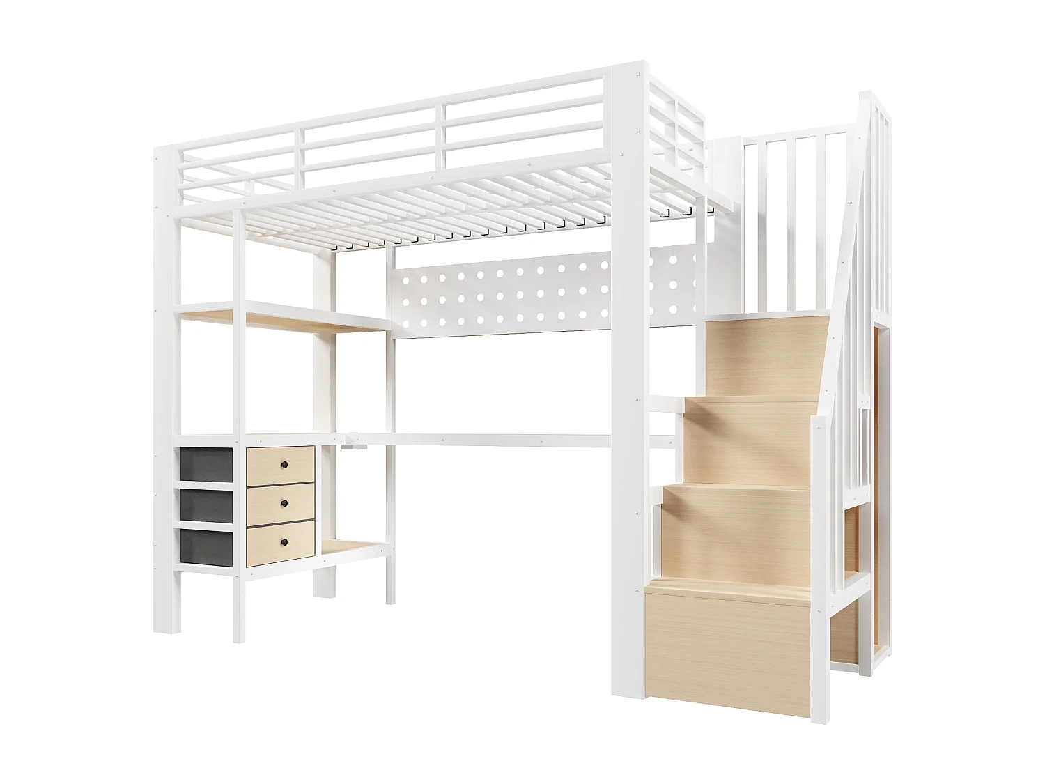 Lit mezzanine en métal pour enfant - 90 x 200 cm - avec étagères + tiroirs + bureau + escalier de rangement + Leds - blanc