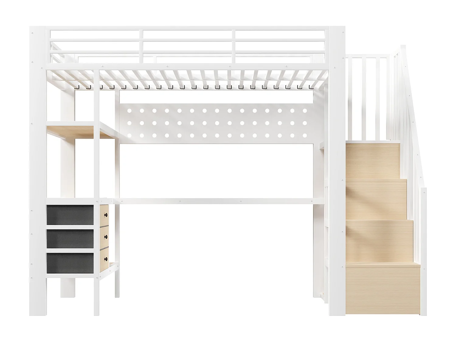 Lit mezzanine en métal pour enfant - 90 x 200 cm - avec étagères + tiroirs + bureau + escalier de rangement + Leds - blanc