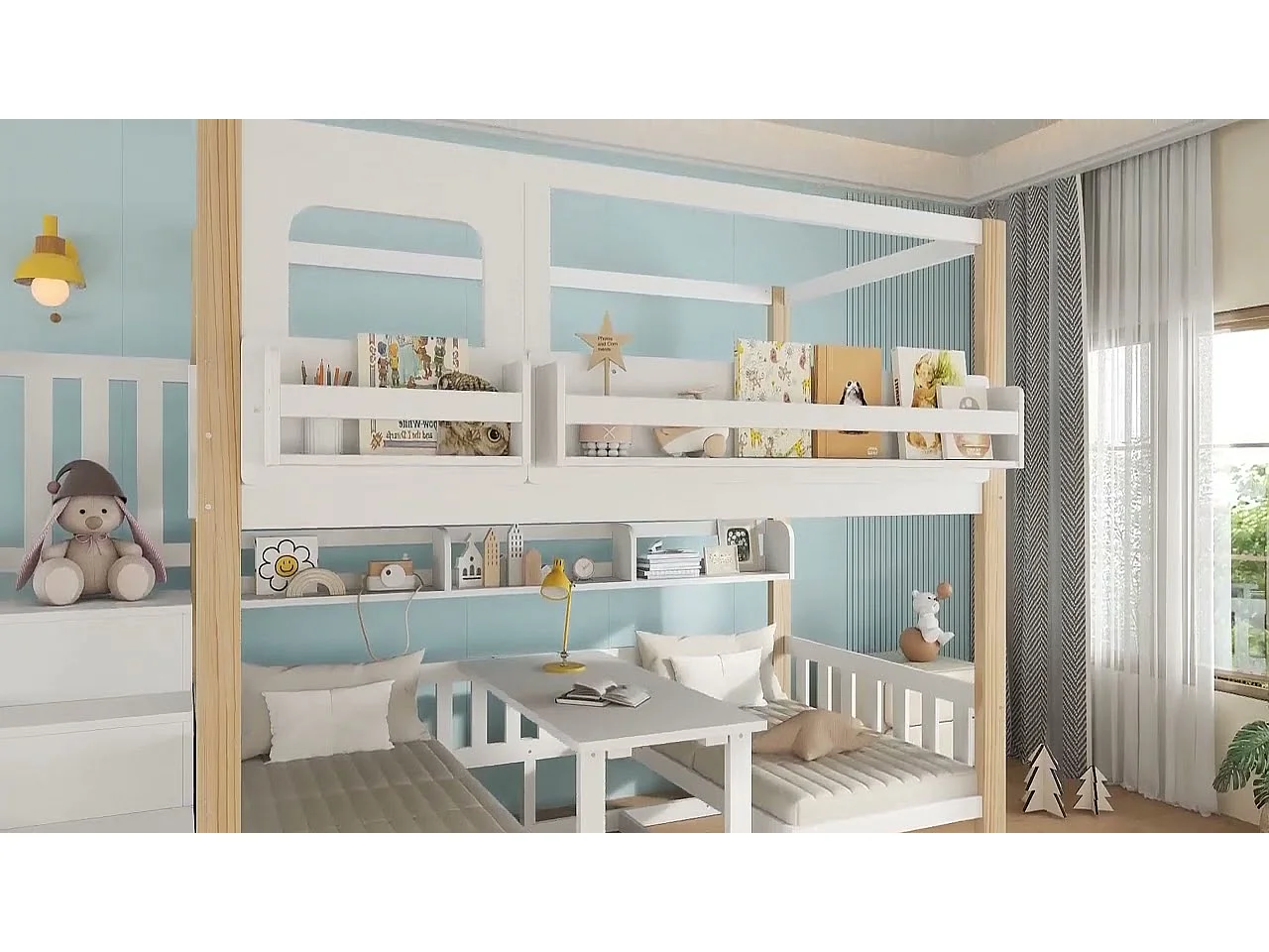 Etagenbett für Kinder 90x200 cm - mit höhenverstellbarem Tisch und Bücherregal - kann in ein Bett oder Tisch und Stühle umgewandelt werden - weiß​ (ohne Matratze)