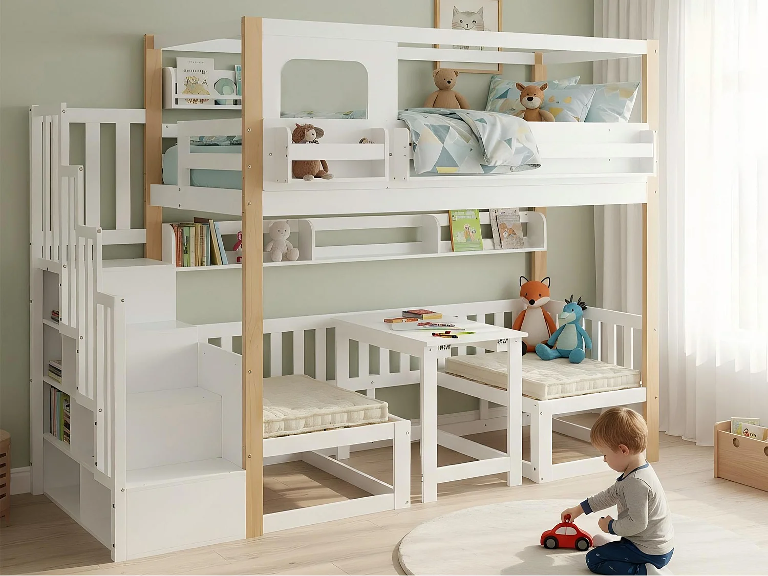 Etagenbett für Kinder 90x200 cm - mit höhenverstellbarem Tisch und Bücherregal - kann in ein Bett oder Tisch und Stühle umgewandelt werden - weiß​ (ohne Matratze)