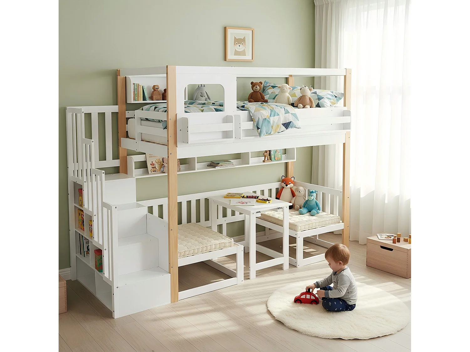 Etagenbett für Kinder 90x200 cm - mit höhenverstellbarem Tisch und Bücherregal - kann in ein Bett oder Tisch und Stühle umgewandelt werden - weiß​ (ohne Matratze)