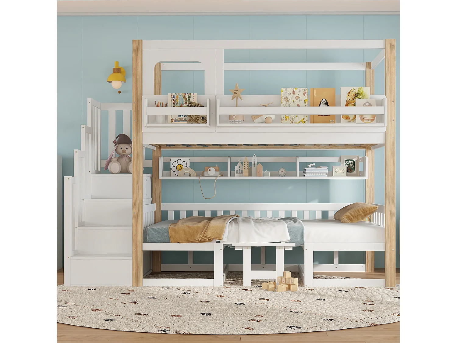 Etagenbett für Kinder 90x200 cm - mit höhenverstellbarem Tisch und Bücherregal - kann in ein Bett oder Tisch und Stühle umgewandelt werden - weiß​ (ohne Matratze)