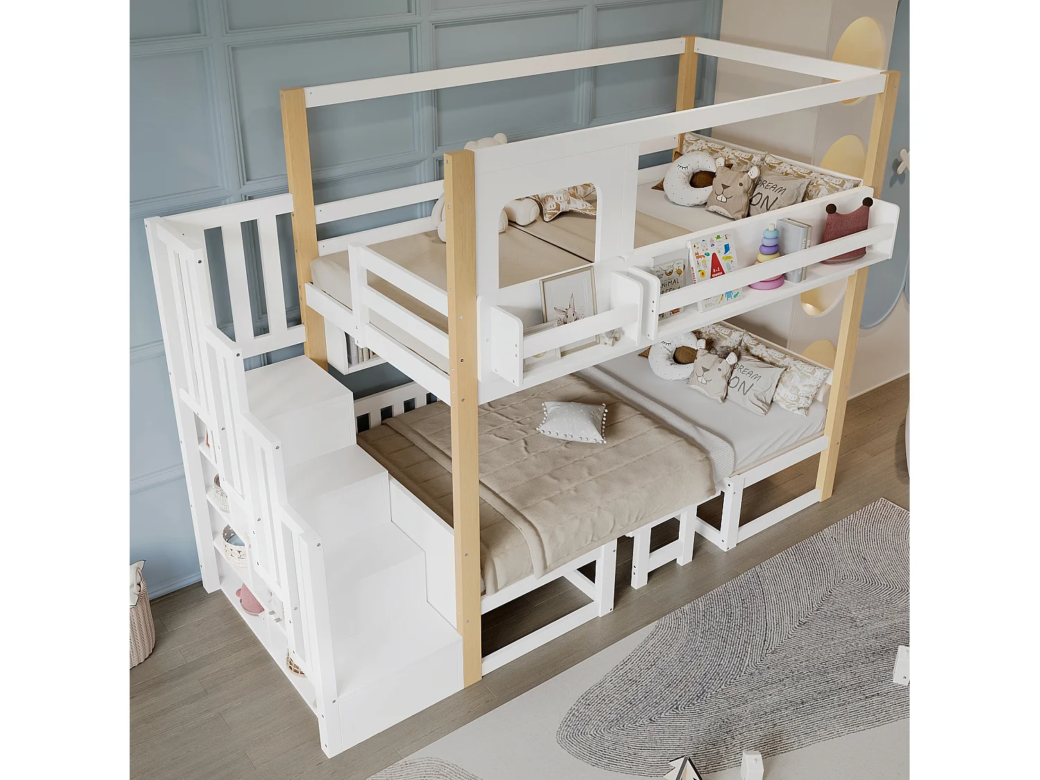 Etagenbett für Kinder 90x200 cm - mit höhenverstellbarem Tisch und Bücherregal - kann in ein Bett oder Tisch und Stühle umgewandelt werden - weiß​ (ohne Matratze)