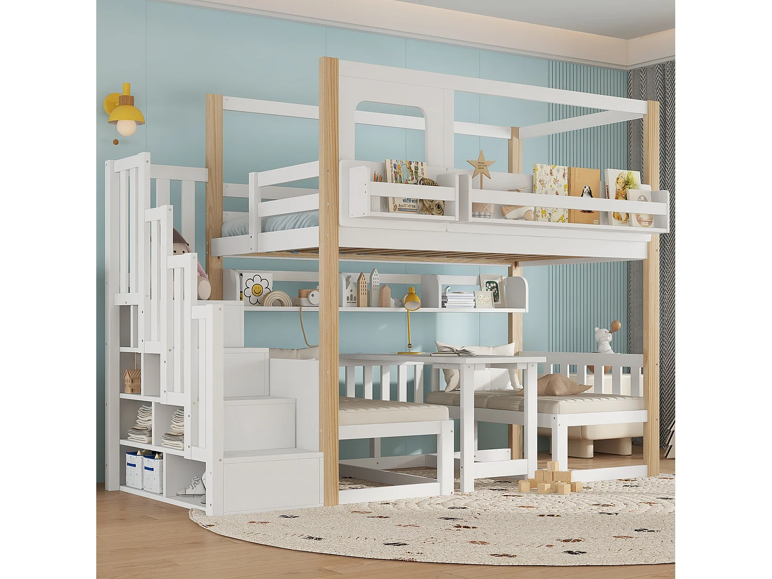 Etagenbett für Kinder 90x200 cm - mit höhenverstellbarem Tisch und Bücherregal - kann in ein Bett oder Tisch und Stühle umgewandelt werden - weiß​ (ohne Matratze)