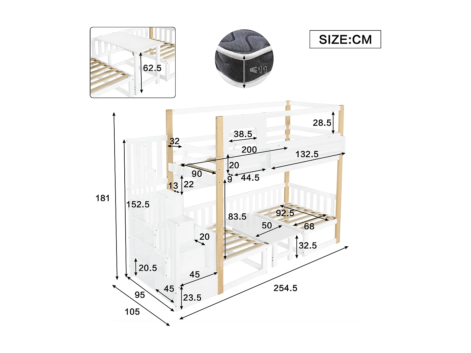 Etagenbett für Kinder 90x200 cm - mit höhenverstellbarem Tisch und Bücherregal - kann in ein Bett oder Tisch und Stühle umgewandelt werden - weiß​ (ohne Matratze)