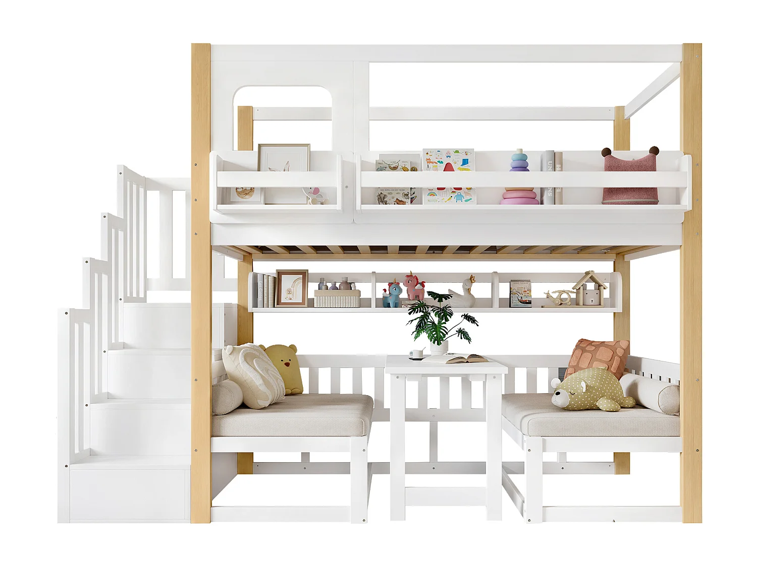 Etagenbett für Kinder 90x200 cm - mit höhenverstellbarem Tisch und Bücherregal - kann in ein Bett oder Tisch und Stühle umgewandelt werden - weiß​ (ohne Matratze)