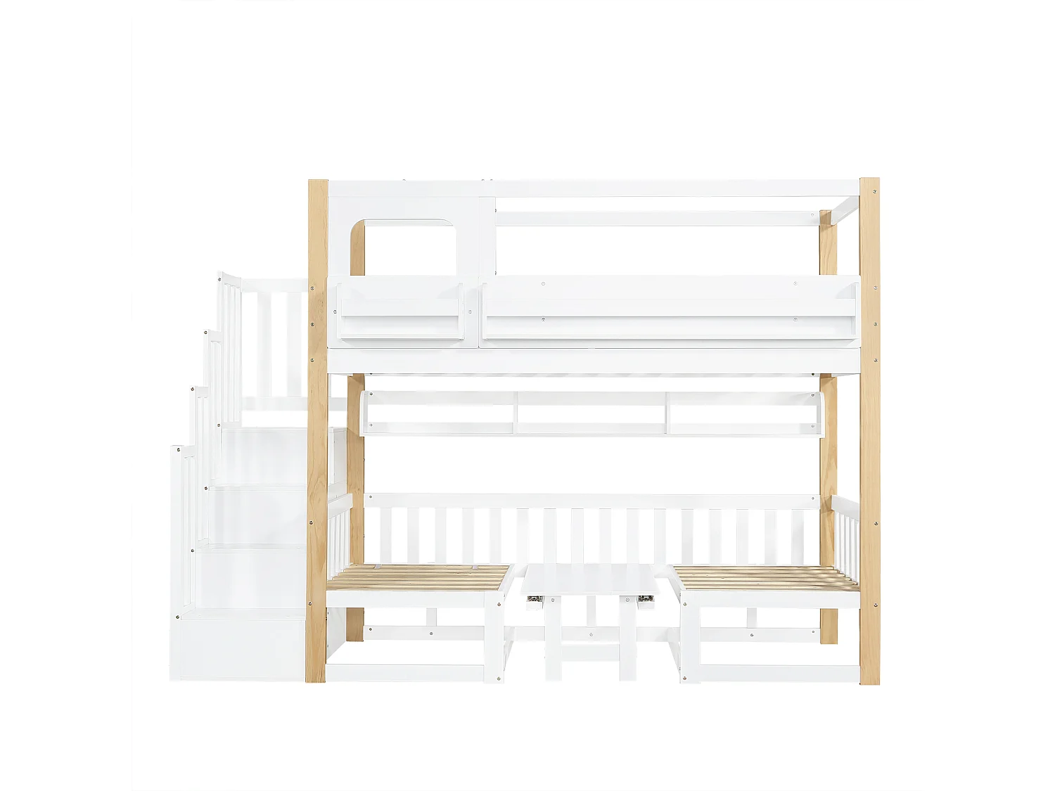 Etagenbett für Kinder 90x200 cm - mit höhenverstellbarem Tisch und Bücherregal - kann in ein Bett oder Tisch und Stühle umgewandelt werden - weiß​ (ohne Matratze)