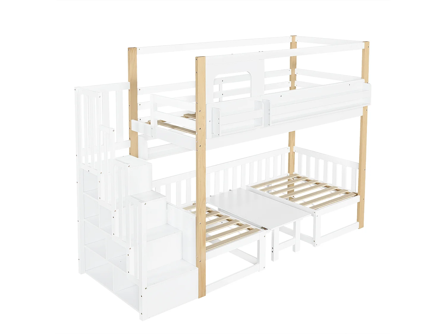 Etagenbett für Kinder 90x200 cm - mit höhenverstellbarem Tisch und Bücherregal - kann in ein Bett oder Tisch und Stühle umgewandelt werden - weiß​ (ohne Matratze)