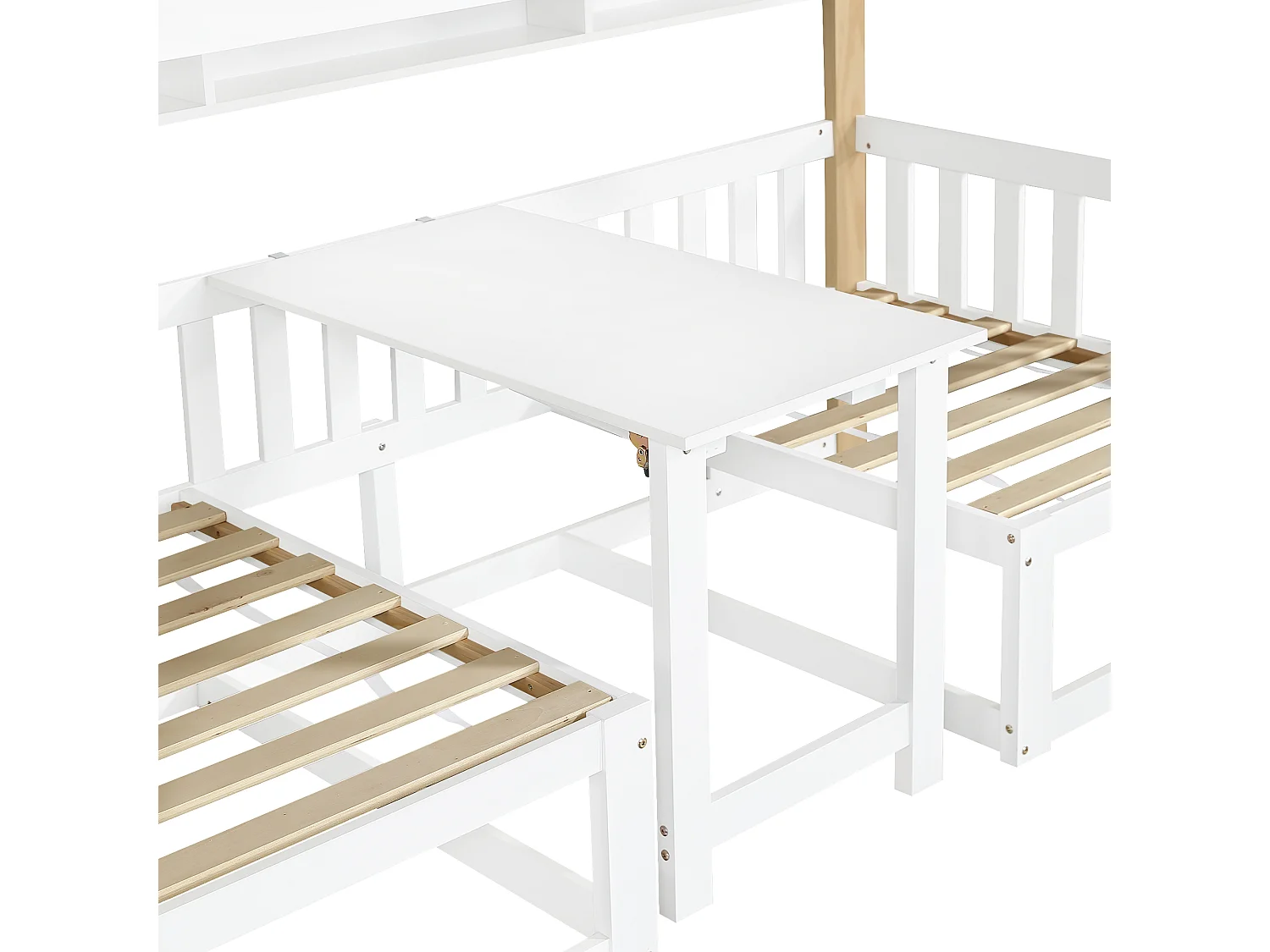 Etagenbett für Kinder 90x200 cm - mit höhenverstellbarem Tisch und Bücherregal - kann in ein Bett oder Tisch und Stühle umgewandelt werden - weiß​ (ohne Matratze)