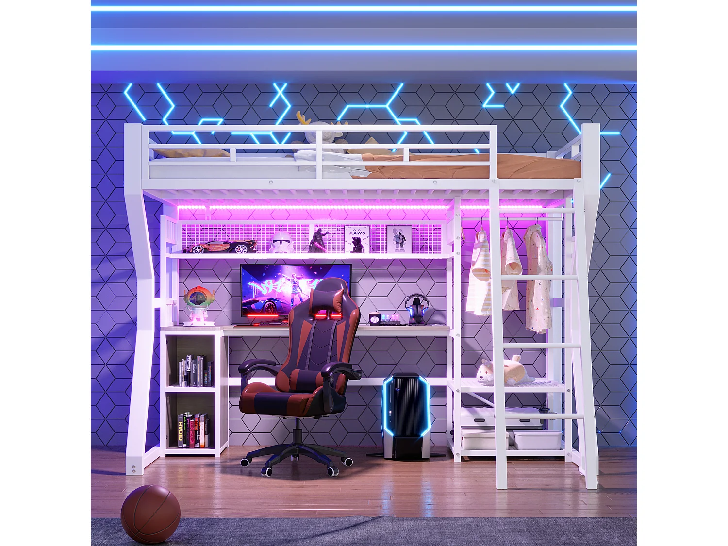 Lit mezzanine 90 x 200 cm - Structure en fer - Éclairage LED - Prise électrique + espace penderie - Bureau - Blanc (matelas non inclus)