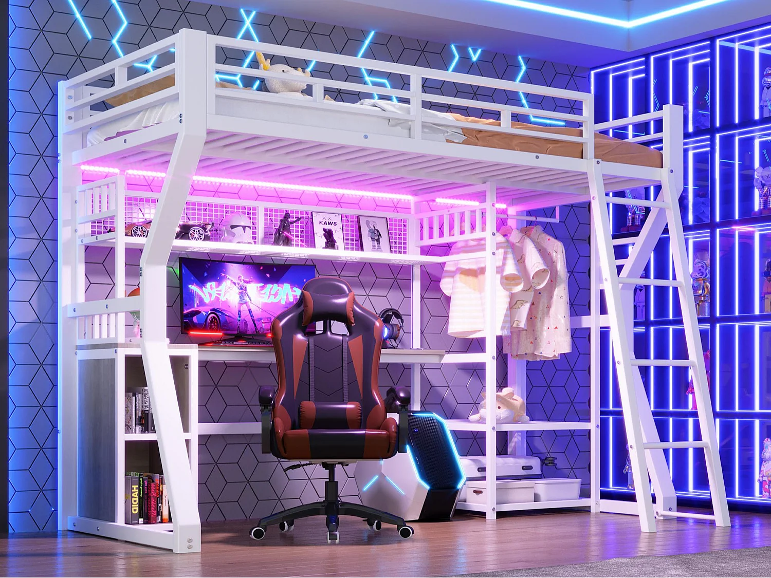 Lit mezzanine 90 x 200 cm - Structure en fer - Éclairage LED - Prise électrique + espace penderie - Bureau - Blanc (matelas non inclus)