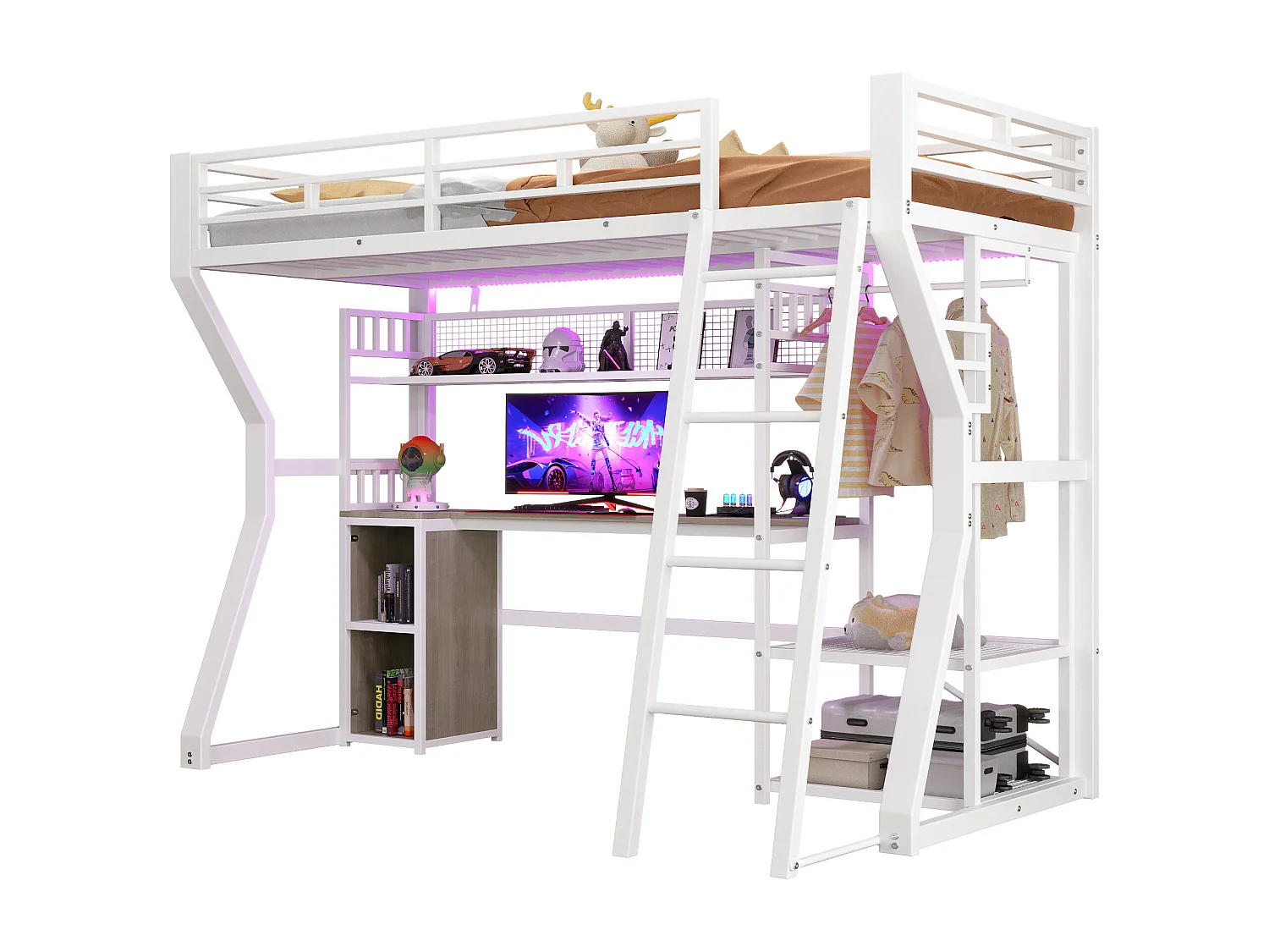 Lit mezzanine 90 x 200 cm - Structure en fer - Éclairage LED - Prise électrique + espace penderie - Bureau - Blanc (matelas non inclus)