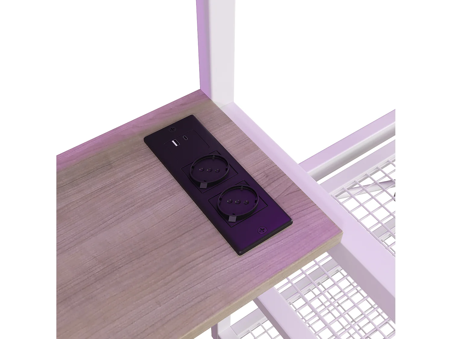 Lit mezzanine 90 x 200 cm - Structure en fer - Éclairage LED - Prise électrique + espace penderie - Bureau - Blanc (matelas non inclus)